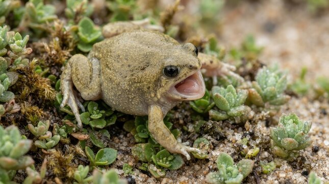 Desert Rain Frog: A small, round Desert Rain Frog with a wide mouth and bulging eyes sits on sandy ground, surrounded by small green plants.