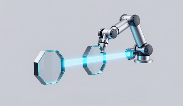 AI robotic automation node: faceted glass prismatic joints guiding glowing cyan data beam