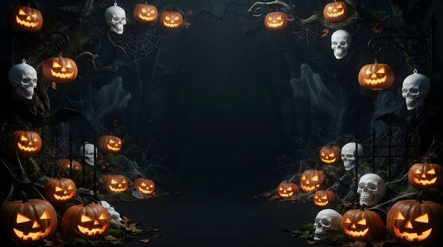Spooky halloween background with glowing pumpkins and human skulls on dark black wall