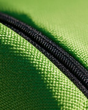 Macro detail shot of a green backpack fabric texture with a black zipper highlighting the intricate weave and stitching patterns in bright sunlight