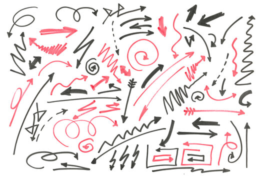 Set grunge scribble happy arrows, red and black marker isolated on white background,  clipping path, design element
