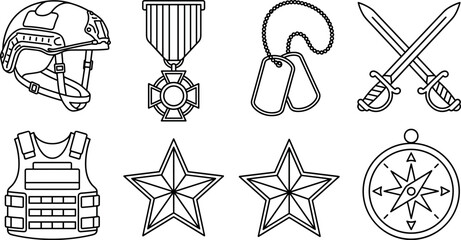 Fototapeta premium Military equipment and veteran honor line icons set featuring helmet body armor and medals