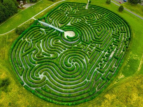 Aerial view of the Peace Maze in Castlewellan Forest Park, Northern Ireland, United Kingdom.
