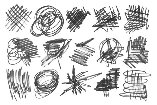 Set grunge scribble, black marker isolated on white background, design element