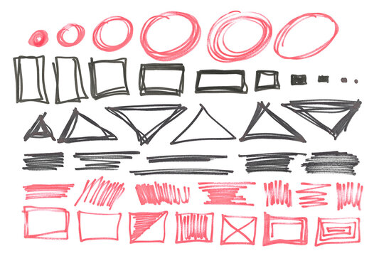 Grunge scribble circle, square, triangle, lines, hand drawn red and black marker isolated on white background, clipping