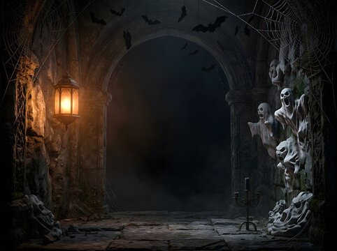 Spooky dark cave with glowing lantern and scary skeletons in a mysterious underground