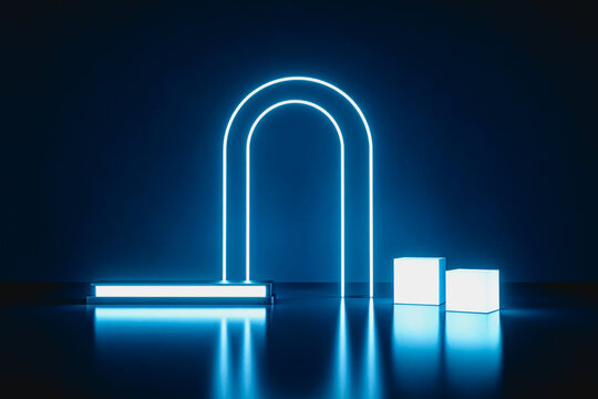 A minimalist dark space features glowing neon arch and cubes, with sharp reflections on a smooth surface.