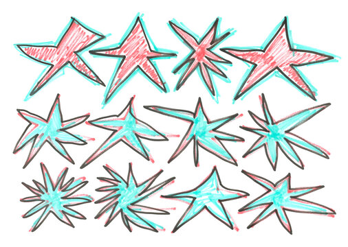Grunge scribble various stars, colorful marker isolated on white background, clipping path, design element