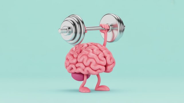 A cute anthropomorphic pink brain character lifting a heavy metal dumbbell, representing mental strength, cognitive training, brain health, and intellectual development concept