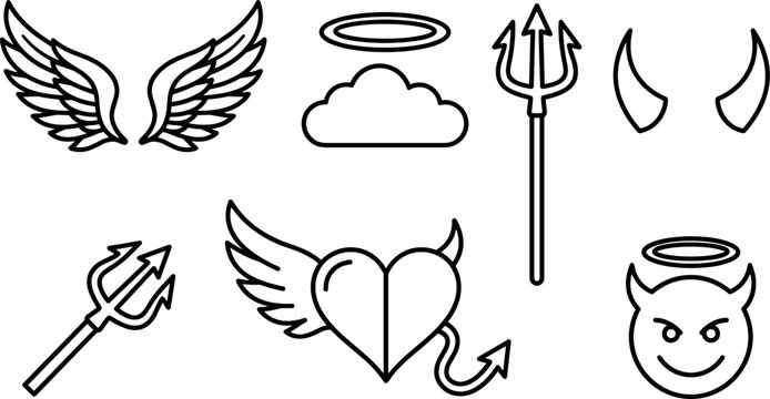 Comprehensive good and evil outline icon collection with heaven cloud and hell pitchfork elements
