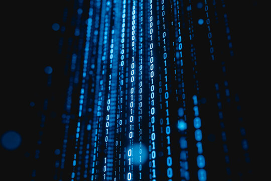 Glowing blue binary code streams fall on a dark background, representing digital data flow and technology.