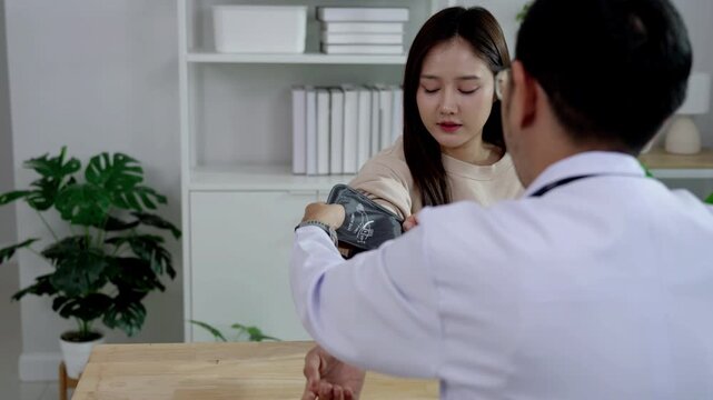Close-up of a doctor measuring a female patient's blood pressure using a digital monitor at a clinic desk. Medical checkup, healthcare, and hypertension screening concept.