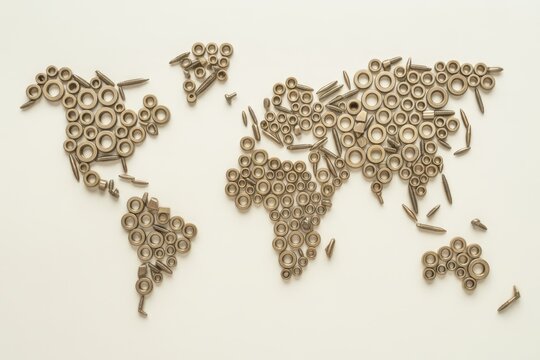 A detailed map constructed from various metallic hardware components like nuts, bolts, and washers, arranged on a clean, light background, to represent global industry