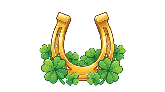 Shiny golden horseshoe stands upright surrounded by vibrant green four leaf clovers for good luck