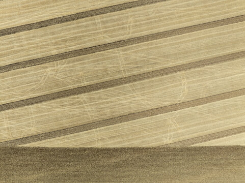 Aerial view of harvested agricultural fields with parallel patterns and textured soil in Aschheim, Bavaria, Germany.