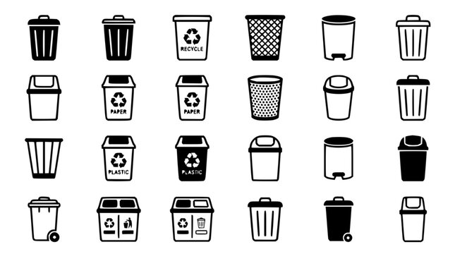 Trash can set with various designs featuring waste containers, recycling bins, plastic bins, paper bins with simple outlines and black and white