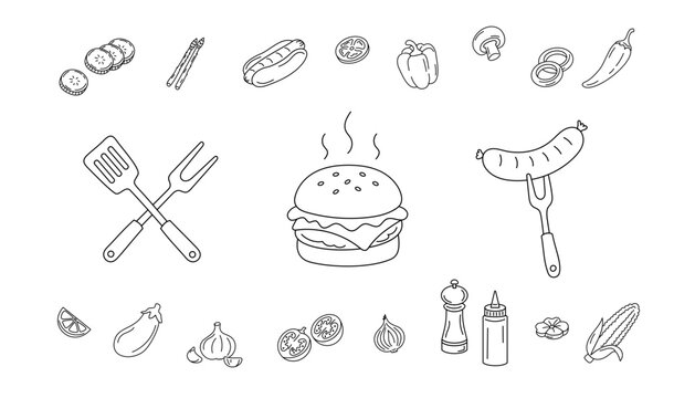 BBQ cooking collection featuring burger, sausage, vegetables, seasonings and grilling tools.