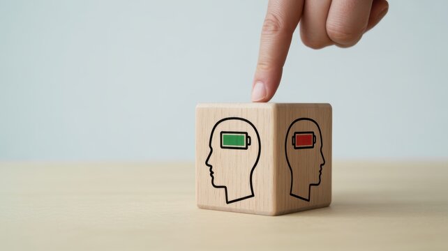 A finger touching a wooden cube featuring a human head silhouette with a green full battery representing mental energy, productivity, and positive psychological health