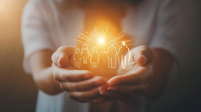Person cupped hands holding glowing family symbol concept of protection and care with glowing icon care insurance family welfare human hands
