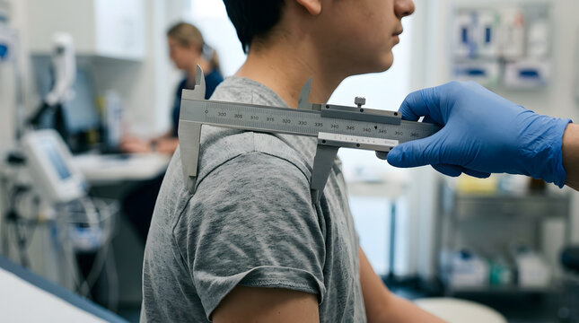 Doctor measuring patient shoulder width with caliper tool.
