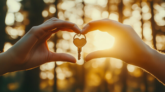 Close-up of hands making heart shape framing a vintage heart-shaped key outdoors in sunset light with golden hour human hands relationship affection