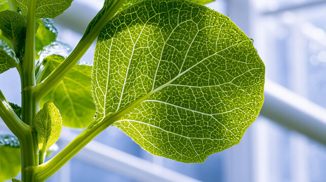 Close up of green plant leaf illuminated by sunlight showing detailed veins and natural texture, botany, photosynthesis and plant growth concept