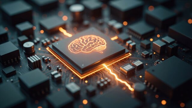 A glowing human brain integrated into the center of a complex black computer processor chip with intricate gold circuitry lines and blurred electronic components