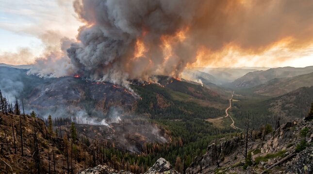 Forest Wildfire burning through mountain timberland with massive smoke plumes during daylight