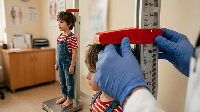 Child being measured for height by a doctor.