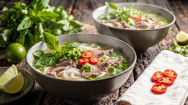 Vietnamese beef pho noodle soup bowls with fresh herbs.