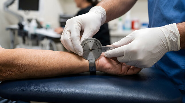Medical professional measuring wrist range of motion with goniometer.