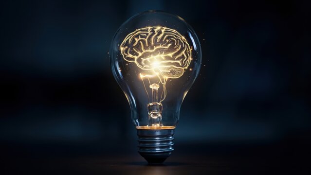 A glowing light bulb with a luminous human brain filament inside, representing creativity, intelligence, innovation, and the power of ideas in a dark background