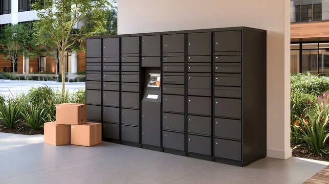 Modern black parcel lockers with digital interface  set outdoors near greenery and buildings  with cardboard boxes nearby
