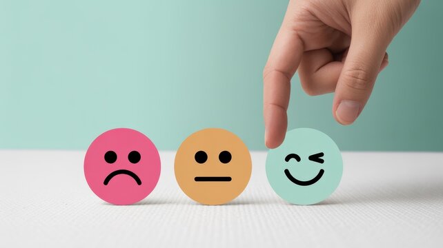 A hand selecting a winking happy face emoji from a row of emotional symbolizing positive feedback, customer service, and satisfaction survey results