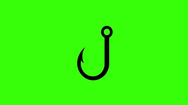 Sharp Black Metallic Fishing Hook Swaying and Drifting Underwater in Fluid Seamless Loop Animation on Green Screen Chroma Key Background