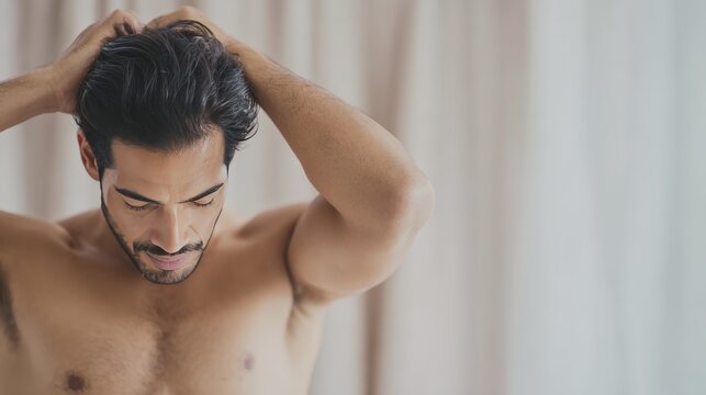 Pensive man adjusting hair in contemplative pose against soft background