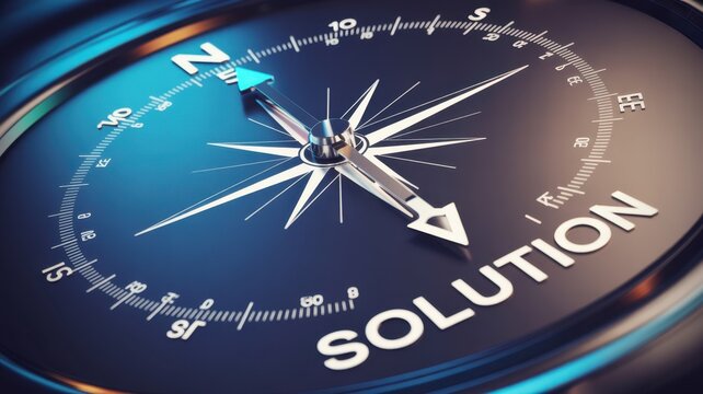 A high-resolution close-up of a compass needle pointing towards the word solution, illustrating business strategy, finding the right path, and effective problem solving