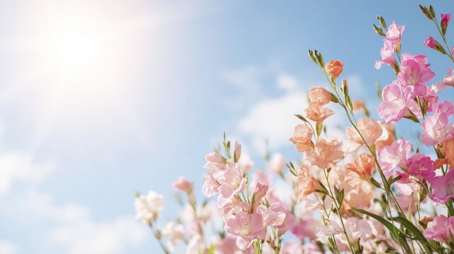 Beautiful pink gladiolus flowers blooming under a bright clear sky