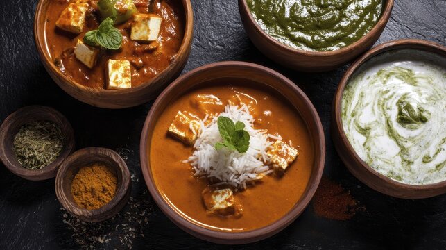Delicious indian curry dishes with rice and yogurt garnished with fresh herbs