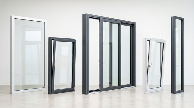modern aluminum window and door frames displayed in bright white showroom interior on concrete floor, including fixed window, tilt and turn windows in white and anthracite, large lift and slide slidin