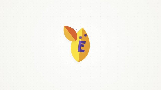 Minimalist graphic animation of styled leaf and letter e on white dotted background.