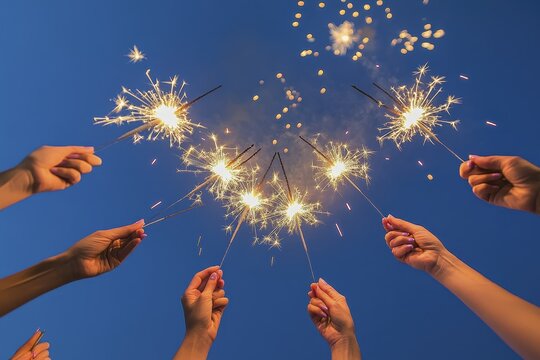 Hands holding bright sparklers against a clear blue evening sky