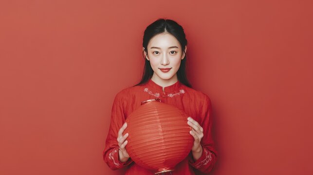 Woman holding lantern in red traditional dress against red background