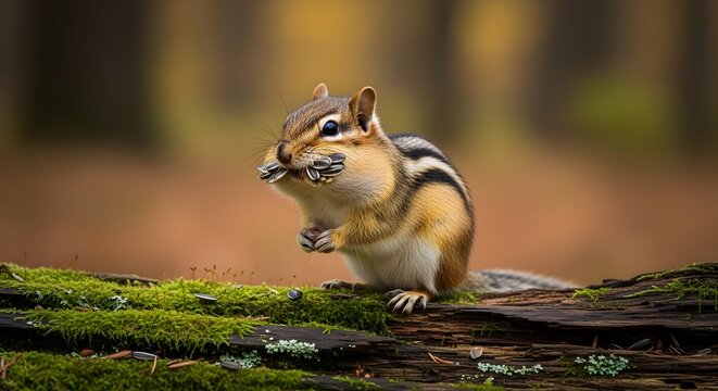 Cute chipmunk eating on a mossy log in the forest, wild animal nature photography.