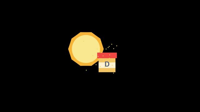 Sunlight rays illuminating vitamin D supplement bottle icon against black background style.