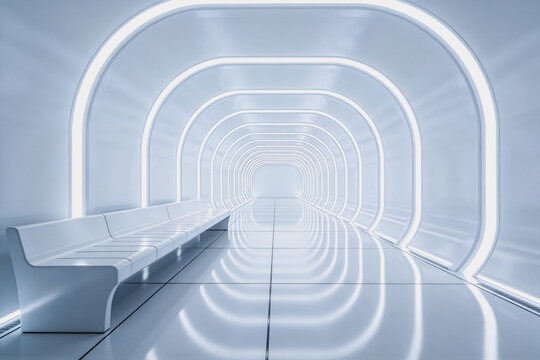 A futuristic empty interior corridor with glowing arched lights, a bench, and reflective tiled floors in a clean white space.