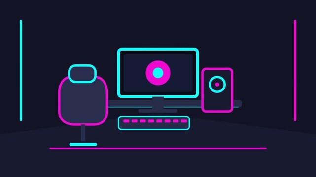 Gamer desk setup featuring glowing neon computer monitor with spinning loading animation in dark room environment digital motion video clip