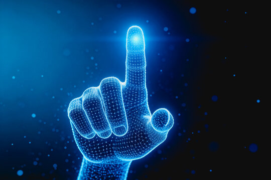 A glowing digital wireframe hand points forward, representing virtual interaction and modern tech concepts.