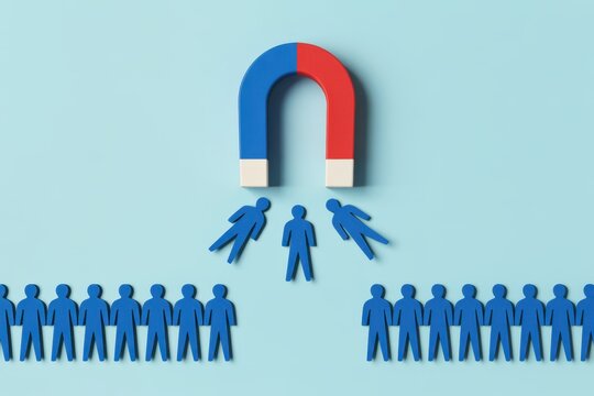 A large red and blue horseshoe magnet pulling blue human-shaped figures from a group, illustrating the concept of talent acquisition, recruitment, and customer attraction