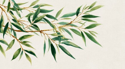 Fototapeta premium Branch with green leaves on a light background showing details of the leaves and stems